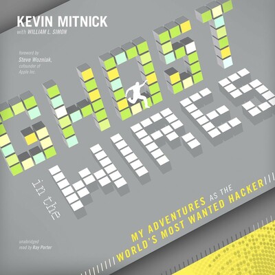 Image used for the audiobook cover of "Ghost In The Wires" by Kevin Mitnick.

Against a light grey background is the mostly white text,

KEVIN MITNICK
with WILLIAM L. SIMON
forward by
Steve Wozniac,
cofounder of
Apple Inc.
GHOST
in the
WIRES
unabridged
read by Ray Porter
MY ADVENTURES AS THE
WORLD'S MOST WANTED HACKER

The title text is presented as stacked cubes with the front face coloured various tones of yellow and green for "GHOST" and white for "WIRES".
A white silhouette of a man is depicted jumping through the "O".