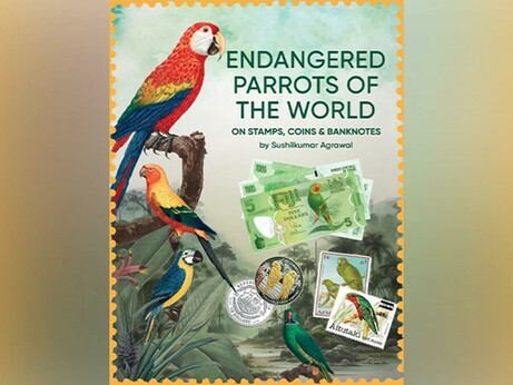 Cover of the book "Endangered parrots of the world, on stamps, coins and banknotes" by Sushil Kumar Agrawal featuring a number of brightly coloured parrots and stamps, coins and banknotes showing the birds as well