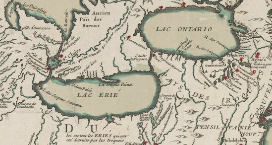 Extrait d'une "Carte de la Louisiane, cours du Mississipi et pais voisins" de 1744 aquarellée : zone des lacs Ontario et Eriés avec les mentions des villages et tribus indiens, dessins des rivières et montagnes