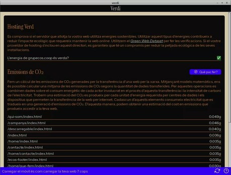 Captura de pantalla de l'eina Verdi amb consells per al Hosting Verd i anàlisi d'emissions de CO2