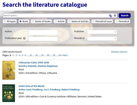 Screenshot of the "Literature" section of numista showing "Search the literature catalog" with options for all types, book, series of books, article, series of articles, periodical issue, periodical.  You can search by author, publisher, publication year, periodical and so far there are 2954 results including Lithuanian Coins 1495-1536 by Dzmitry Huletski & Giedrius Bagdonas and Gold Coins of the World by Louis Friedberg