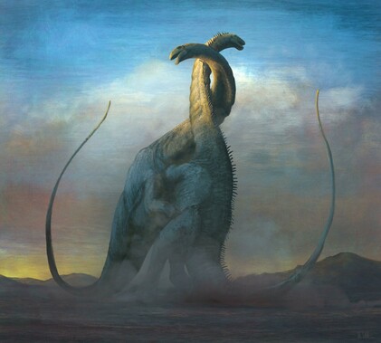 Two long-necked, long-tailed dinosaurs engaged in pushing and shoving matches, their necks entwined. They are mostly in blue shadow but their necks and heads have emerged into the golden light of the rising sun. They are in a parched, dry environment with only the only landscape features being distant mountains, over which the first rays of yellow dawn sunlight are just visible. 
Two long-necked, long-tailed dinosaurs engaged in pushing and shoving matches, their necks entwined. They are mostly in blue shadow but their necks and heads have emerged into the golden light of the rising sun. They are in a parched, dry environment with only the only landscape features being distant mountains, over which the first rays of yellow dawn sunlight are just visible.