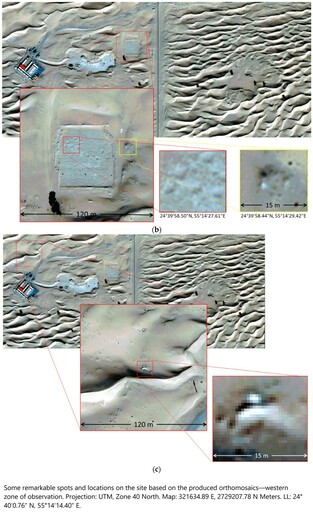 maps - Some remarkable spots and locations on the site based on the produced orthomosaics—western zone of observation. Projection: UTM, Zone 40 North. Map: 321634.89 E, 2729207.78 N Meters. LL: 24°40′0.76″ N, 55°14′14.40″ E.