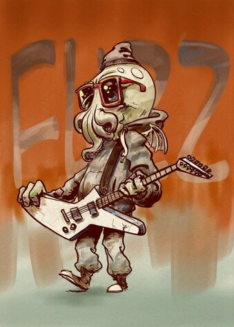 A cartoon Cthulhu dressed in Florida death metal garb, posing with their pointy Explorer guitar.