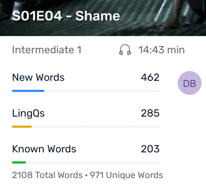 Statistik från LingQ, för ett tv-avsnitt.
Längd 14:43.
New words: 462
LingQs: 285
Known Words: 203
2108 Total Words
971 Unique Words