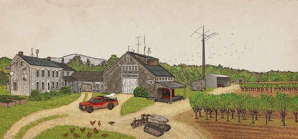 The image shows an old New England farm with a handfull of modifications. The farmhouse and barn are covered in antennas, solar panels, and homemade savonius turbines, a swarm of UAVs are flying out of a dormer on the barn roof, while a robotic tractor trundles down the driveway and a woodgas truck is parked, running, out front. There are chickens in the yard and an old ski groomer for packing down snow on the seasonal roads parked in a lean-to on the side of the barn.

His farm is pretty conservative for the setting. I wanted to play with how perspectives would shift in this utopian solarpunk setting, to have a farm that would seem both futuristic and kinda crunchy-progressive by our standards that would still be pretty stodgy and conservative compared to his neighbors.

He’s relying on biochar, crop rotation, and pollarded trees providing radial chipped wood to replenish his soil instead of manufactured fertilizer, using alley cropping and a handful of other agroforestry techniques to shelter his crops. He cooks his food using a scheffler reflector, drives a woodgas truck he uses to produce his biochar, and generates his power with a mix of solar, wind, water, and woodgas.
But compared to the elaborate food forests of a nearby community, Bob’s open fields and heavy reliance on tech makes his farm look downright traditional.