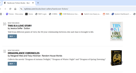 A screenshot of the NYT Best Sellers list showing the Dragonlance Chronicles at #11.