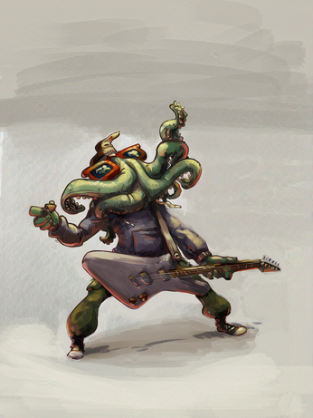An illustration of Cthulhu dressed in a hoodie, cargo pants and sneakers, playing a pointy guitar.
