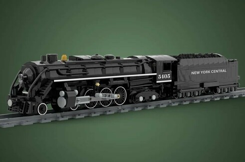 a model of a steam train made of Lego bricks