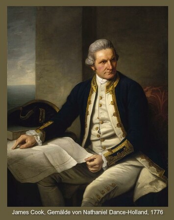 Gemälde, James Cook sitzend in Uniform, Karte ausgebreitet auf Tisch, Cook zeigt auf Detail auf der Karte, blickt nach rechts aus dem Bild heraus.
