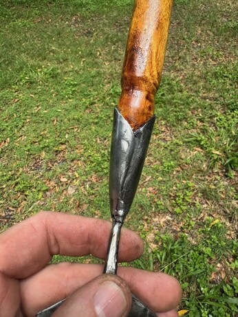 Back of the cone, showing the seam. This is not welded shut as there is no need, it isn't under that much stress and the wood is epoxied in place anyway.
