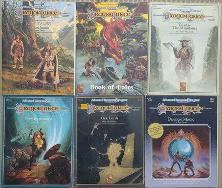 DragonLance New Tales The Land Reborn: a woman dressed in buckskin with a bloody dagger and a glowing staff stands over the body of a draconian. A man in a buckskin tunic stands under a tree behind her.

DragonLance Book of Lairs; A huge red dragon climbs over a rocky ridge towards a woman with a spear and shield. A man in a horned helmet is looking into a chest filled with treasure with his back to the dragon.

Taladis: The Minotaurs: A minotaur wearing a quilted tunic and wielding a very large two-headed axe stands ready between two rock cliffs.

New Beginnings: a woman with a glowing staff fights two scruffy-looking minotaurs.

Oak Lords: Two odd skeletal creatures stand near an obelisk with a tree engraved in it. An elf seems to be caught in a spell coming from the obelisk.

Dragon Magic: a dwarf and a human watch a globe framed with a carving of two dragons with a gem between their heads rising over the landscape.