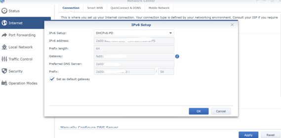 Synology screenshot of IPv6 settings - DHCPv6-PD