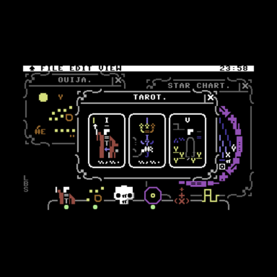 On a textmode representation of a windowed computer desktop, overlapping windows are shown demonstrating ouija, star chart and tarot programs (that latter being the foreground program) being run simultaneously.  Other programs are suggested by a task bar at the bottom of the screen.