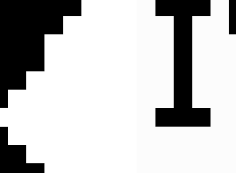 A close up on some black and white pixel art.
The white in the left half is a pure white, while the right half is a very light grey, which looks almost white
