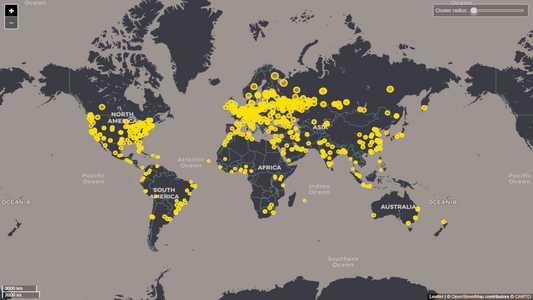 A world map indicating the estimated locations of the clients' ISP that has connected to my snowflake-proxy.