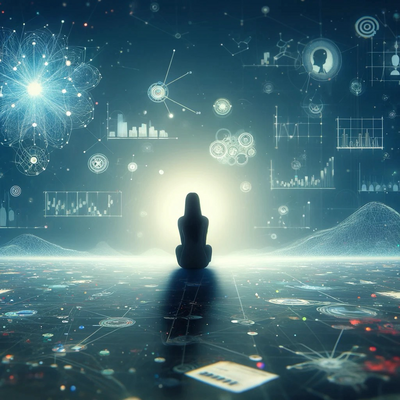 AI image with the silhouette of a woman and scientific analytical graphics