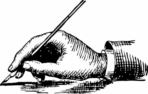 Re digitized vintage public domain illustration of a black and white human hand writing with a pen.