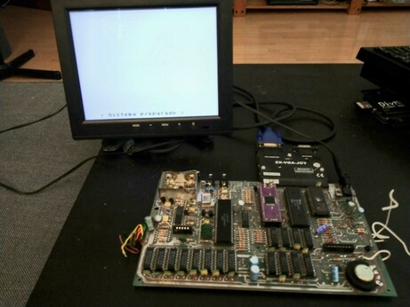 Photo of the mainboard of the argentinian ZX Spectrum plus clone "CZ Spectrum plus". The original ZX8401 chip has been replaced by a modern FPGA variant. As a result, the machine now shows its spanish startup message, as is expected.