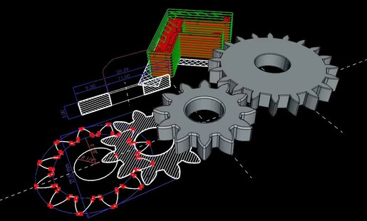 An image of modeled gears using FreeCAD.