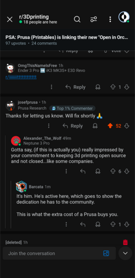 A screenshot showing the head of printables personally responding to a post on Reddit about their link to orcaslicer.