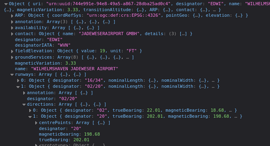 screenshot of the Firefox developer console, showing a Javascript object with data of the Wilhelmshaven aerodrome