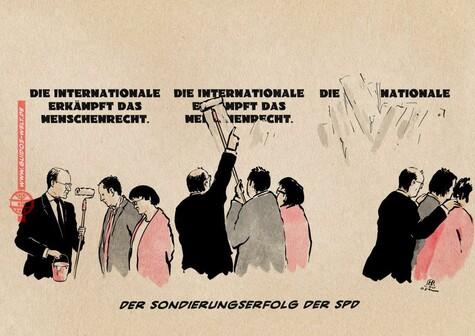 Illustration in drei Phasenbildern: Merz, Klinbeil und Esken vor dem Wandspruch „Die Internationale erkämpft das Menschenrecht“ Merz gibt Esken und Klingbeil Farbe und Farbrolle. Esken und Klingbeil streichen über den Wandspruch, von dem am Schluss nur „Die Nationale“ übrig bleibt.