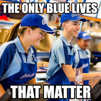 The text reads, "The only blue lives that matter"

The photo shows smiling workers at Culver's wearing blue aprons and hats