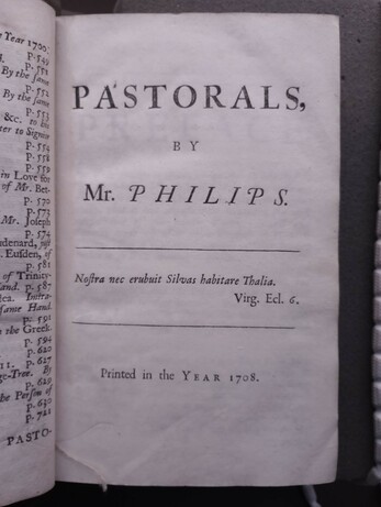 Facsimile of the title page of Philips' Pastorals (1708, in Dryden's Poetical Miscellanies)