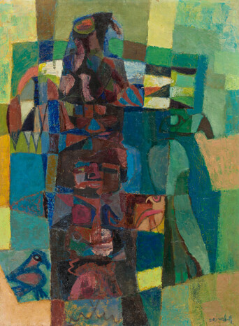 An abstract image composed of many roughly painted solid shapes in brown, red, blue, green and yellow, forming a loose interpretation of a carved totem pole, with birds nearby.  Parts of the totem pole are in colors other than brown so it seems to me like it might be coming to life