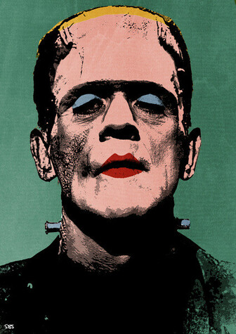 this is a classic image of the actor Boris Karloff as Frankenstein's monster.  The artist has colorized a black and white image, there is a green background, and the monster has blue eyeshadow and red lipstick colored on.