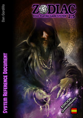 Portada de la edición física del SRD de Zodiac 2.5: un hechicero con rasgos multiculturales parece estar invocando algo con un ritual místico, en una de sus manos sostiene un rosario y de la otra surgen brillos y chispas de tonos blancos y púrpuras.