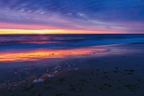 A breathtaking sunset over a Danish beach, where vivid shades of orange, pink, and purple reflect on the wet sand and waves roll gently onto the shore.