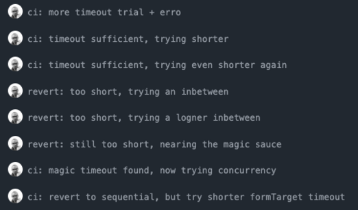 screenshot showing many git commits around the topic of asychronous execution of tests