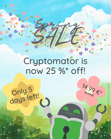 Spring-themed promotional graphic for Cryptomator’s Spring Sale. A smiling robot with a green shield raises its arms while holding two flowers. A pink flower shows the discounted price €14.99 (previously €19.99), and a yellow flower says 'Only 5 days left!'. The background features blue skies, fluffy clouds, and a swirl of colorful flowers, with the headline 'Spring SALE' above. Text below reads 'Cryptomator is now 25% off!' with a note about possible regional variations in price and discount.