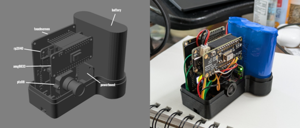 Left: a 3D model of the electronics sitting in the bottom of the enclosure
Right: The actual electronics sitting in the 3D printed enclosure bottom
