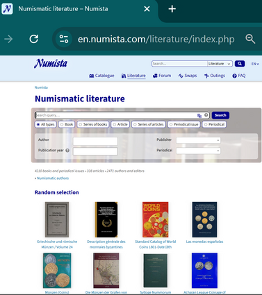 Screenshot of the Numista website open to the Literature section.