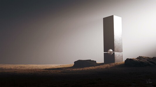 A tall, reflective monolith stands on a desolate, brown landscape under a hazy, gray sky, with two dark rocks nearby.
