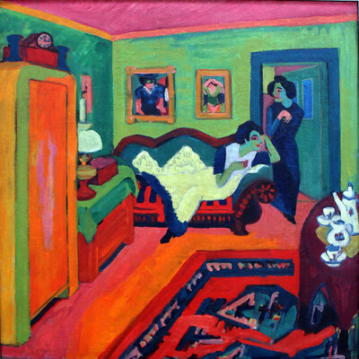 an indoor scene with two girls and some furniture rendered in bold planes of bright colors, pink, green, blue, orange, and red.  one girl is reclining on a couch and the other is standing next to her in an open doorway, they are both indirectly facing the viewer.  there is a tea service on a table.  The girls' skin is mostly green but it seems like a representation of green shadow and not of green people