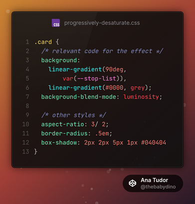 .card {
  /* relevant code for the effect */
	background: 
		linear-gradient(90deg, 
        var(--stop-list)), 
		linear-gradient(#0000, grey);
	background-blend-mode: luminosity;

  /* other styles */
	aspect-ratio: 3/ 2;
	border-radius: .5em;
	box-shadow: 2px 2px 5px 1px #040404
}