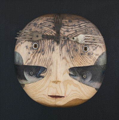 Kala kahele – kahvel kolmele (Fish for two - a fork for three) by Jüri Mildeberg, 2024 (wood, metal, glass, paint)