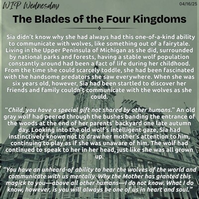 A vintage antique green-toned background picture of a castle under a cloudy sky with a snippet from The Blades of the Four Kingdoms, the Supernatural Souls series, for WIP Wednesday on 04/16/25.