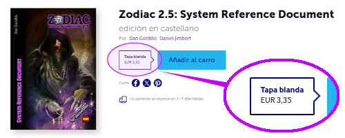 El libro "Zodiac 2.5: System Reference Document" en edición física en Lulu.com, detalle ampliado del precio definitivo (3.35€, en tiendas físicas tendrá un PVP de 3.50€).