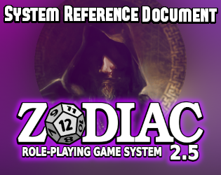 Logotipo de "Zodiac RPG System 2.5", la "O" es un dado de 12 caras. En la línea superior pone "System Reference Document". De fondo se puede ver el rostro de un brujo (extracto de la ilusración de portada realizada por Daniel Jimbert).