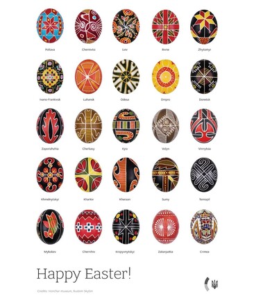 The image showcases a vibrant collection of traditional Ukrainian Easter eggs, known as pysanky, each adorned with intricate patterns and vivid colors. These eggs are decorated using a wax-resist method, reflecting the rich cultural heritage and artistic traditions of various regions in Ukraine. Each egg is labeled with the name of a region, highlighting the diversity and unique styles from areas such as Poltava, Chernivtsi, Lviv, and others.

The designs range from geometric shapes and floral motifs to symbolic crosses and sunbursts, each carrying its own symbolic meaning. For example, the egg from Poltava features a colorful geometric pattern with a central star, while the one from Lviv showcases a vibrant floral design. The egg from Zhytomyr displays a striking yellow and black geometric pattern, and the one from Kyiv incorporates colorful houses and geometric shapes.

This collection not only celebrates the artistry of pysanky but also serves as a cultural tribute, with credits given to the Honchar museum and Rustem Skybin. The image concludes with a festive "Happy Easter!" greeting, emphasizing the significance of these eggs in Ukrainian Easter celebrations.