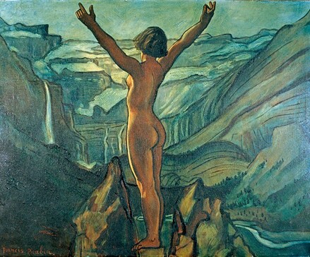 a nude woman with her arms raised in a wide V is standing on a rocky precipice, beyond her is a steep valley in mountainous landscape.  in the distant termination of the valley are waterfalls