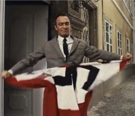 Screengrab from the 1965 film Sound of Music where the male protagonist tears a swastika flag in half very dramatically.
