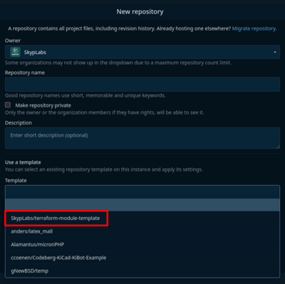 Screenshot of the repository creation menu on Codeberg. The "Template" dropdown menu is open, with "SkypLabs/terraform-module-template" as first result.