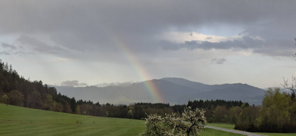 picture of a rainbow over a green and rainy landscape