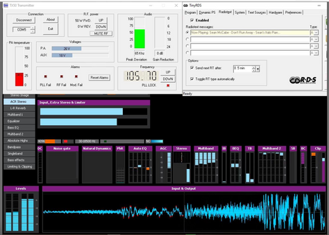the screen from the PC at the TX site, showing the RDS and telemetry as well as soundprocessing in action